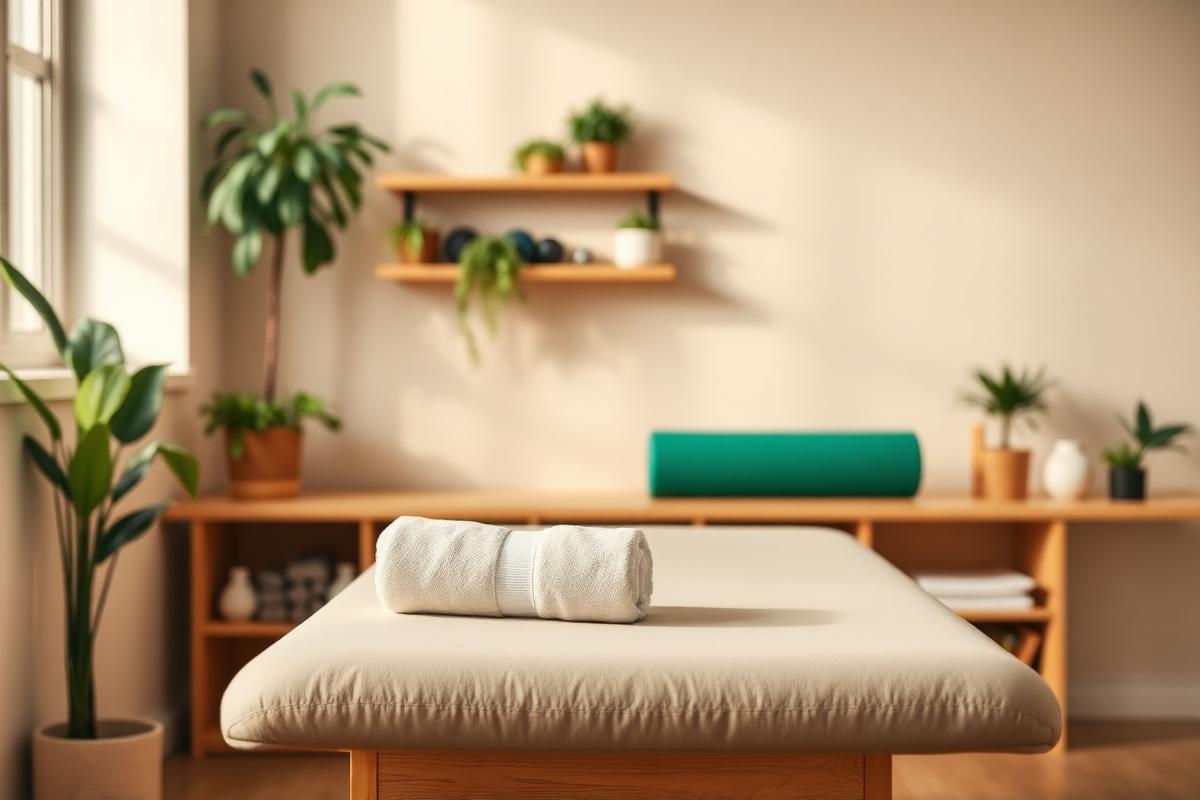Interior de estúdio de fisioterapia com maca de madeira e plantas